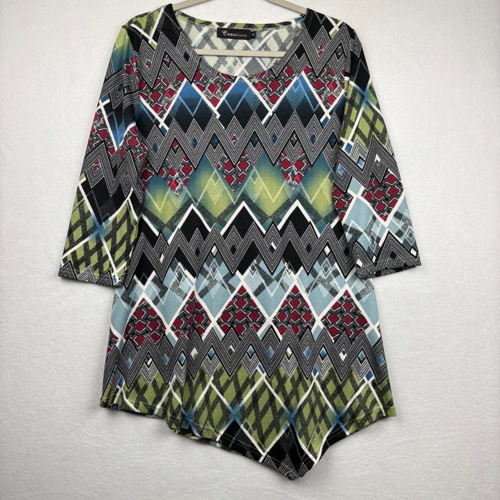 Creation Tunic Womens Medium Geometric Print V Neck 3/4 Sleeve Asymmetric